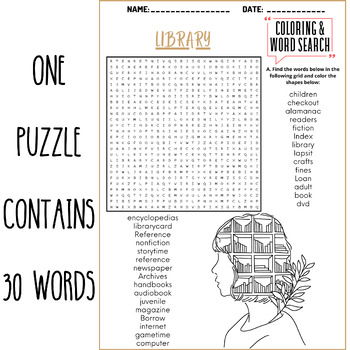 Library coloring word search puzzle worksheets activities tpt