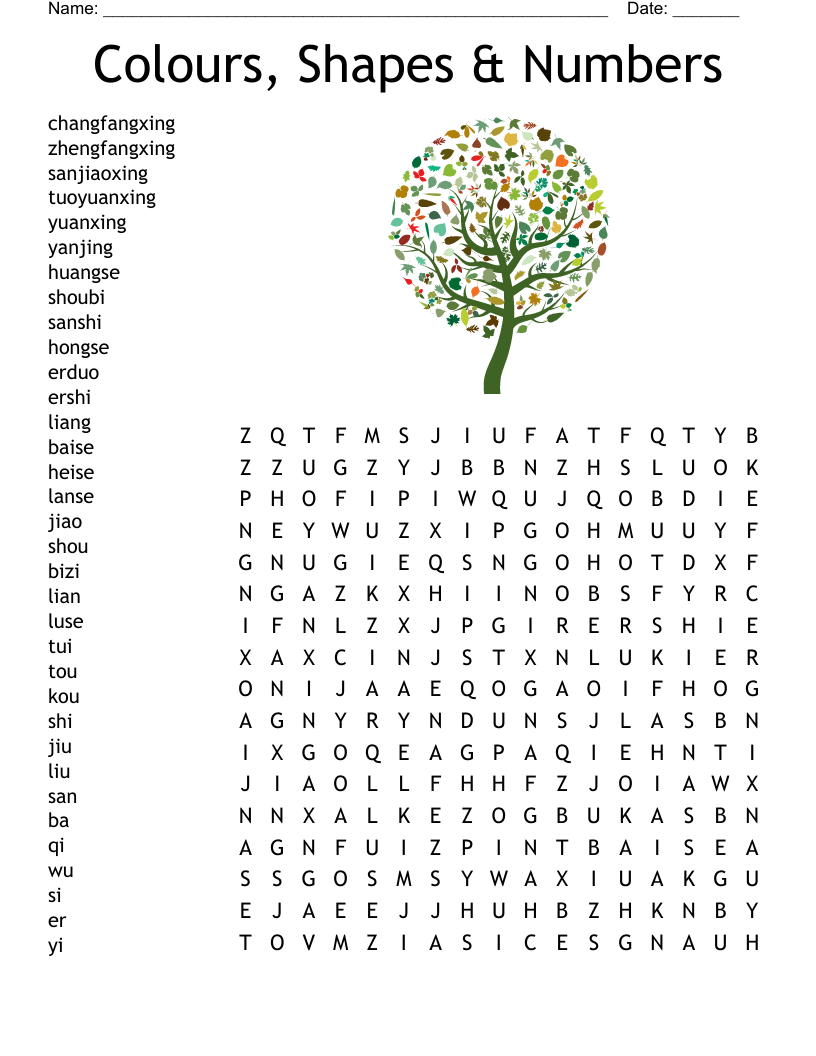 Colours shapes numbers word search