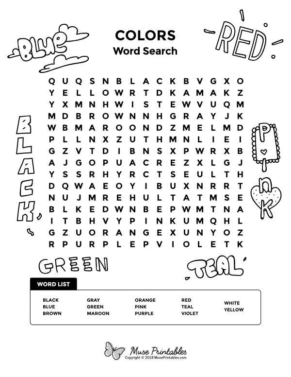 Free printable colors word search download it at httpsmuseprintablesdownloadwordâ free printable word searches word search printables kids word search