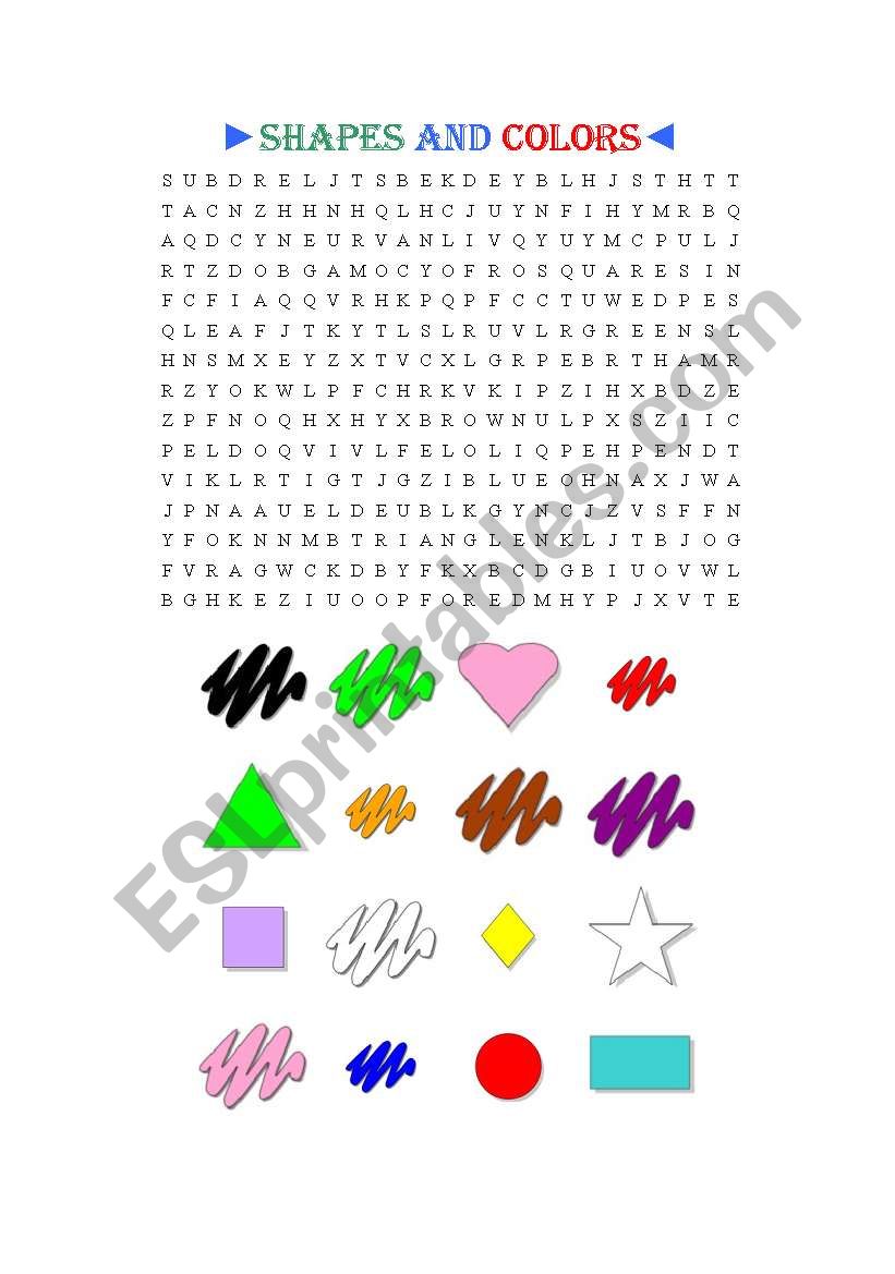 English worksheets shapes and colors word search