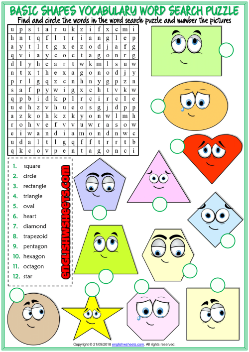 Shapes esl printable word search puzzle worksheet for kids