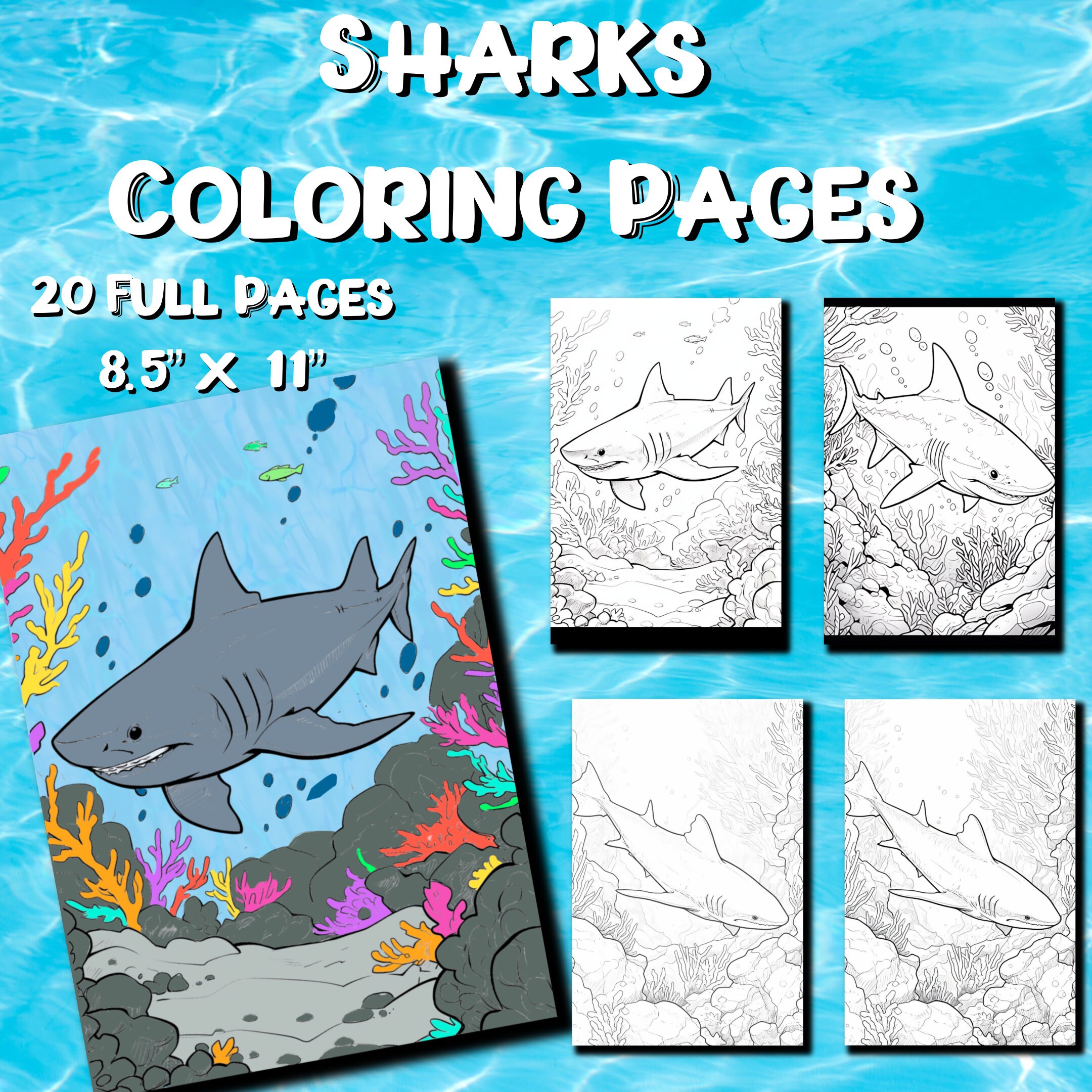 Sharks coloring pages shark adult coloring book digital coloring pages printable pdf download