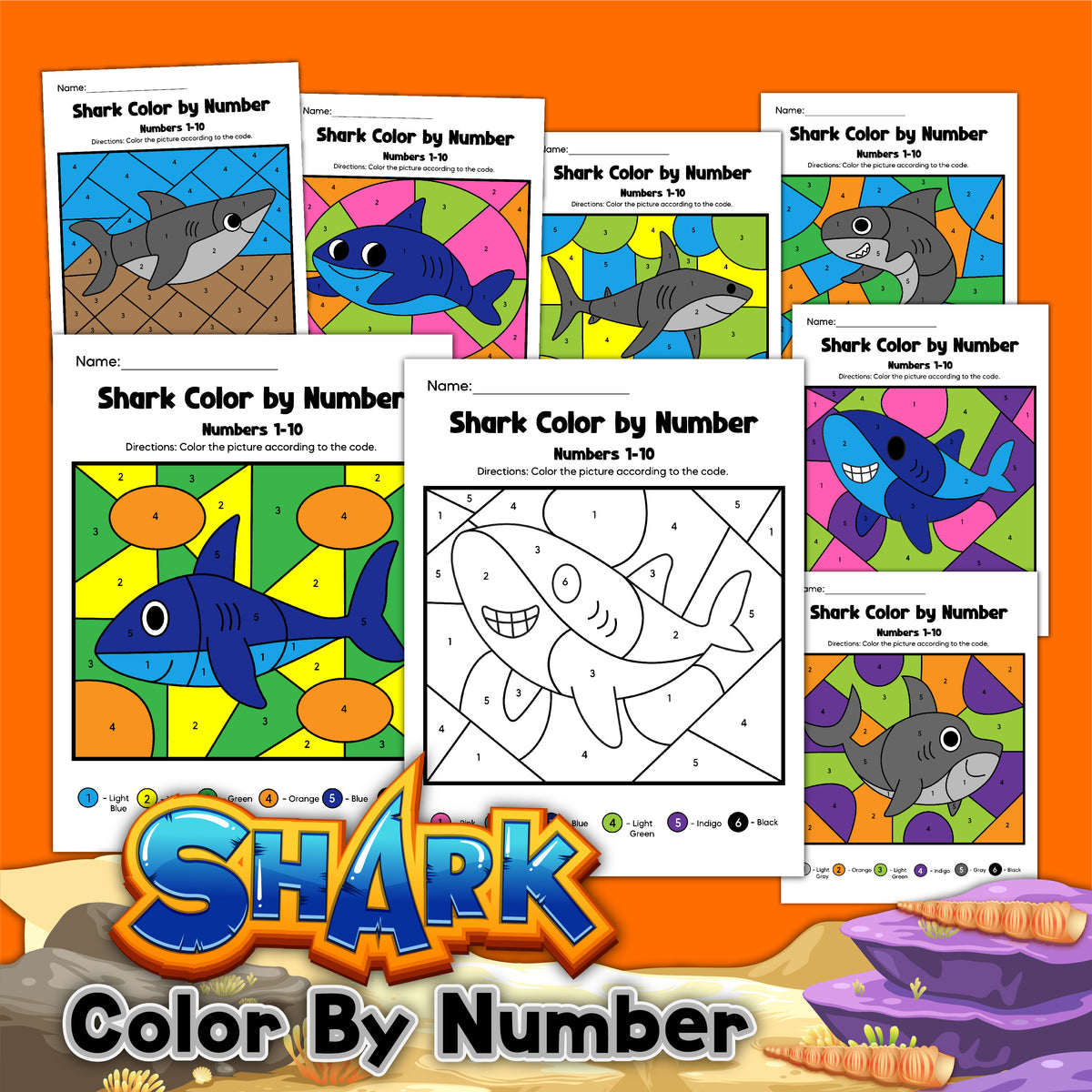 Shark color by number sheets â messy little monster shop