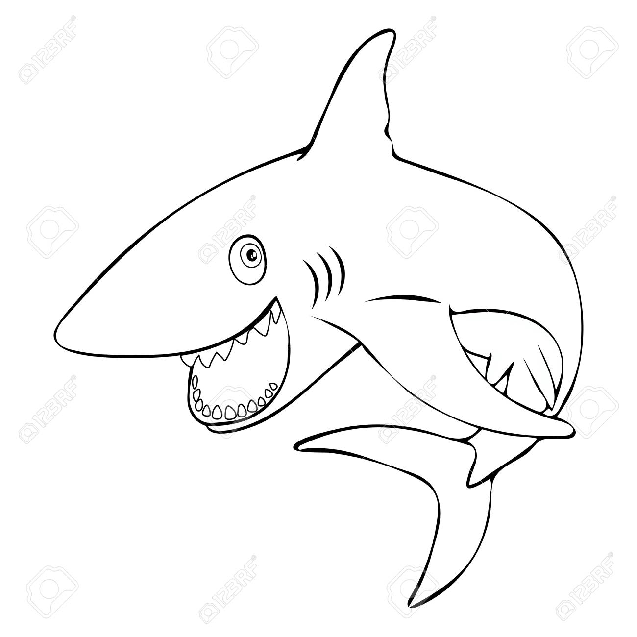 Funny fish shark smiling jumps out of the water linear hand drawing cartoon character vector black and white illustration coloring sketch silhouette outline picture isolated on white background royalty free svg cliparts