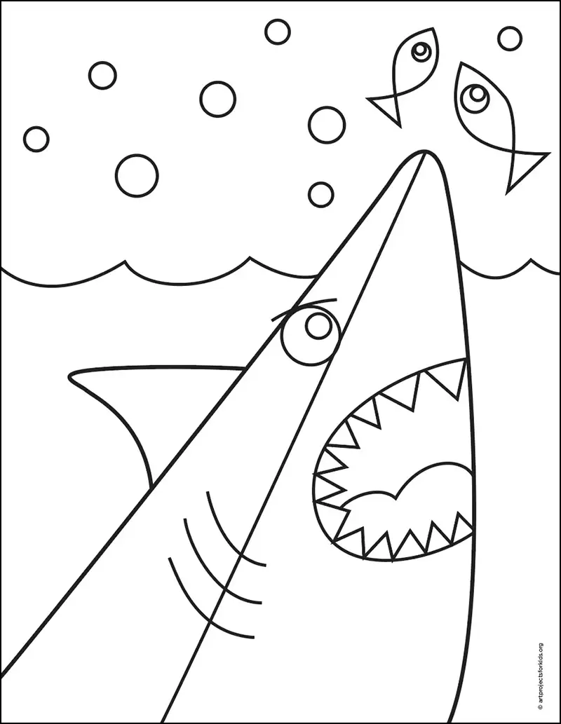 Easy how to draw a cartoon shark tutorial and coloring page