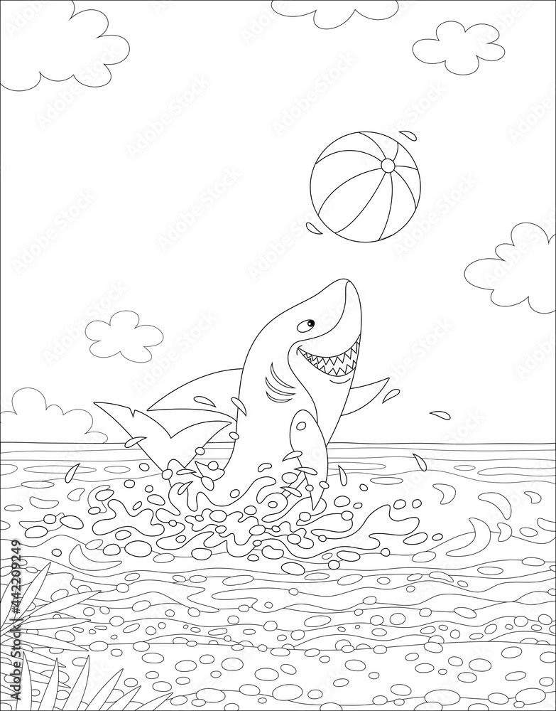 Funny great white shark jumping out of water and playing a big colorful ball on a summer sea beach black and white outline vector cartoon illustration for a coloring book page