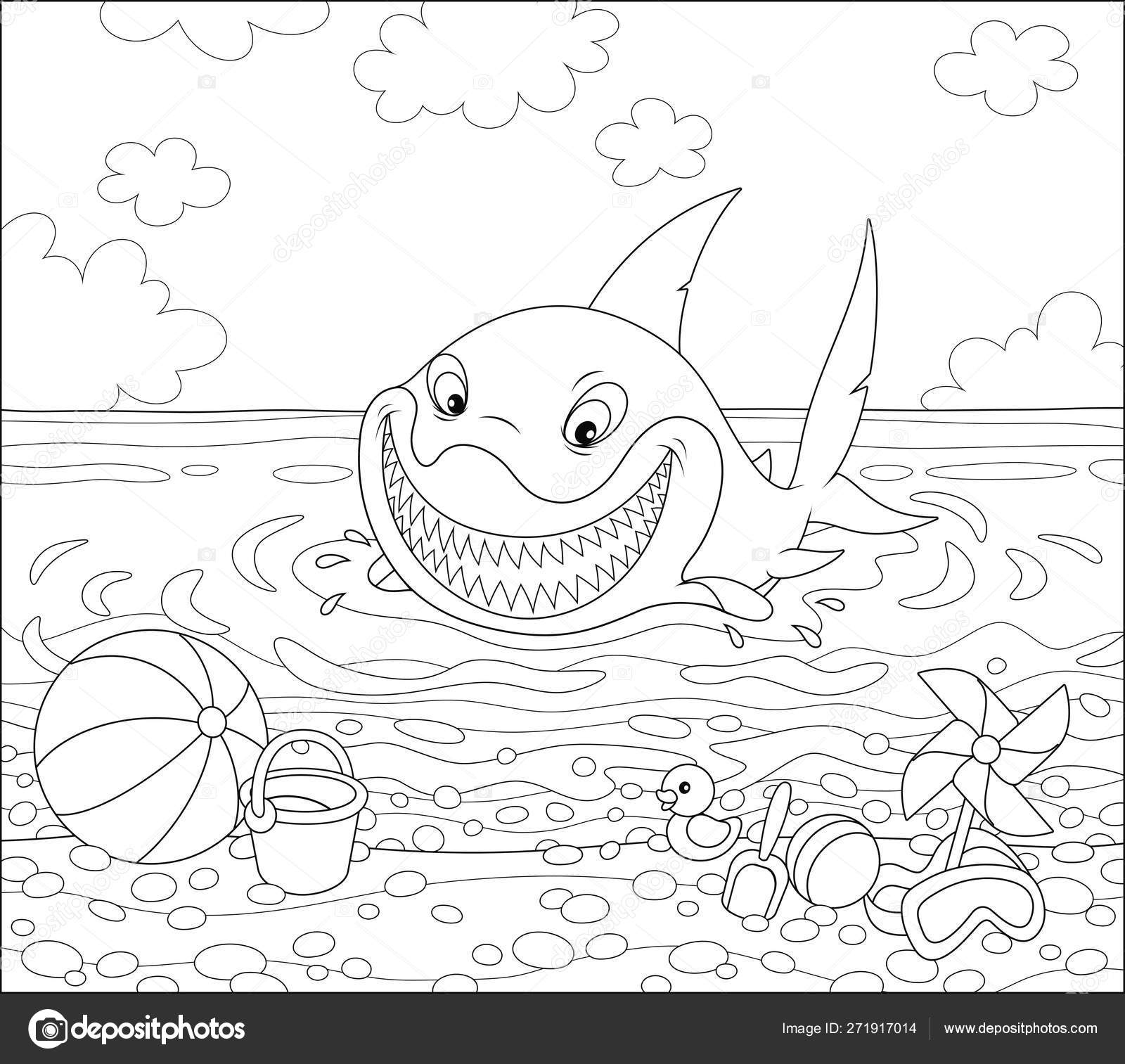 Funny great white shark swimming water summer sea beach friendly stock vector by alexbannykh