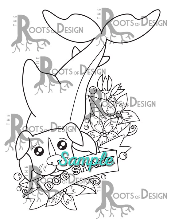 Instant download coloring page dog shark print doodle art printable