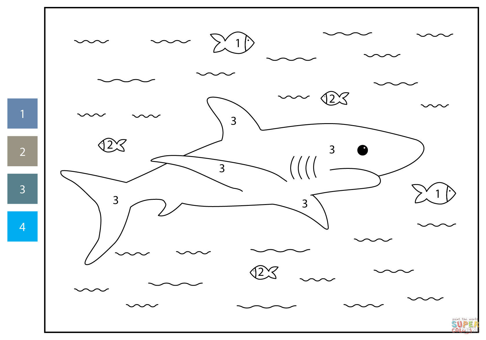 Shark color by number free printable coloring pages