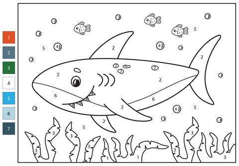 Shark color by number free printable coloring pages