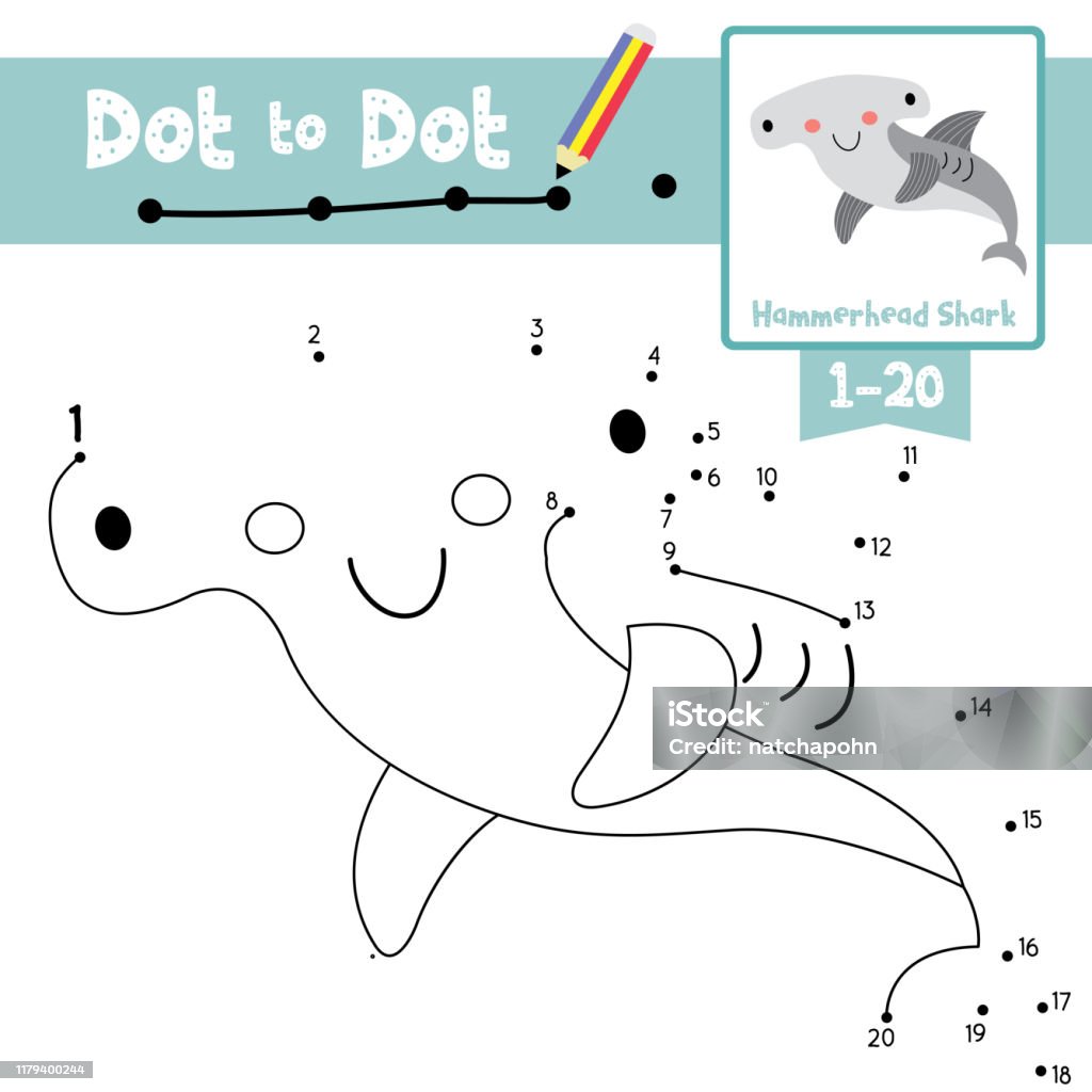 Dot to dot educational game and coloring book happy hammerhead shark animal cartoon character vector illustration stock illustration