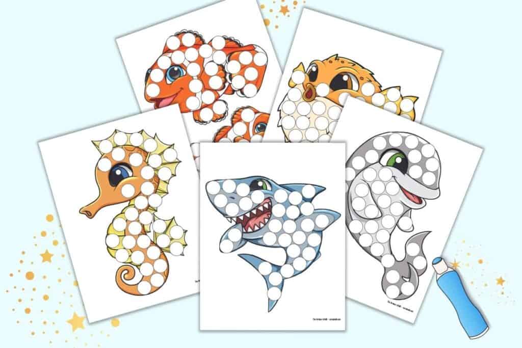 Free printable color ocean animal dot maker pages