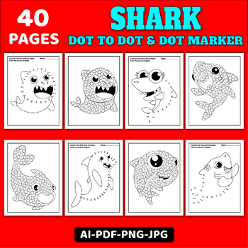 Shark connect the dots dot marker kids activity coloring pages