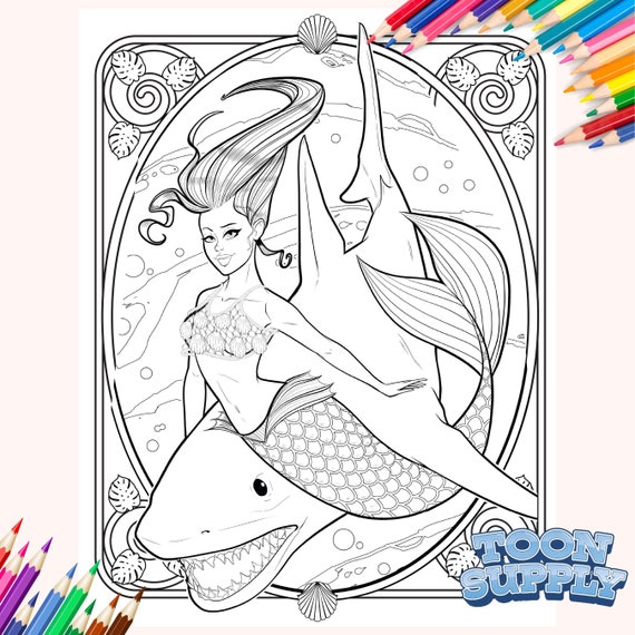 Mermaid and shark coloring page