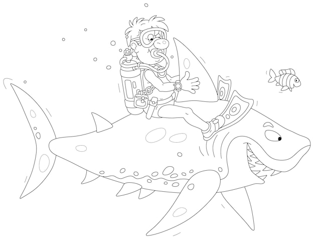 Premium vector funny scuba diver with a mask flippers and an aqualung riding a merry great white shark