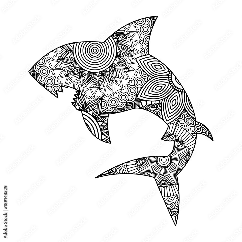 Hand drawn for adult coloring pages with shark zentangle monochrome sketch vector illustration vector