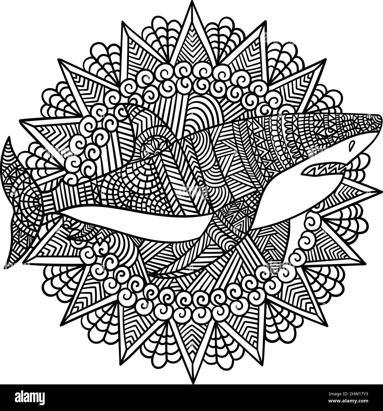 Great white shark mandala coloring page for adults stock vector image art