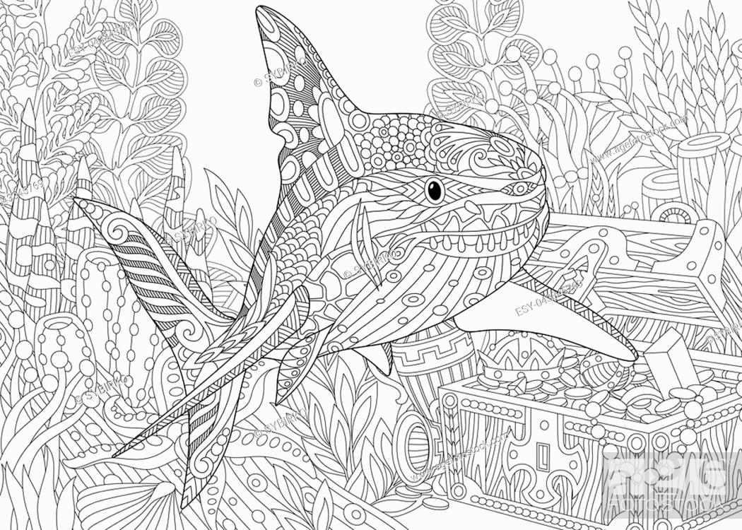 Coloring page for adult colouring book underwater background with shark stock vector vector and low budget royalty free image pic esy