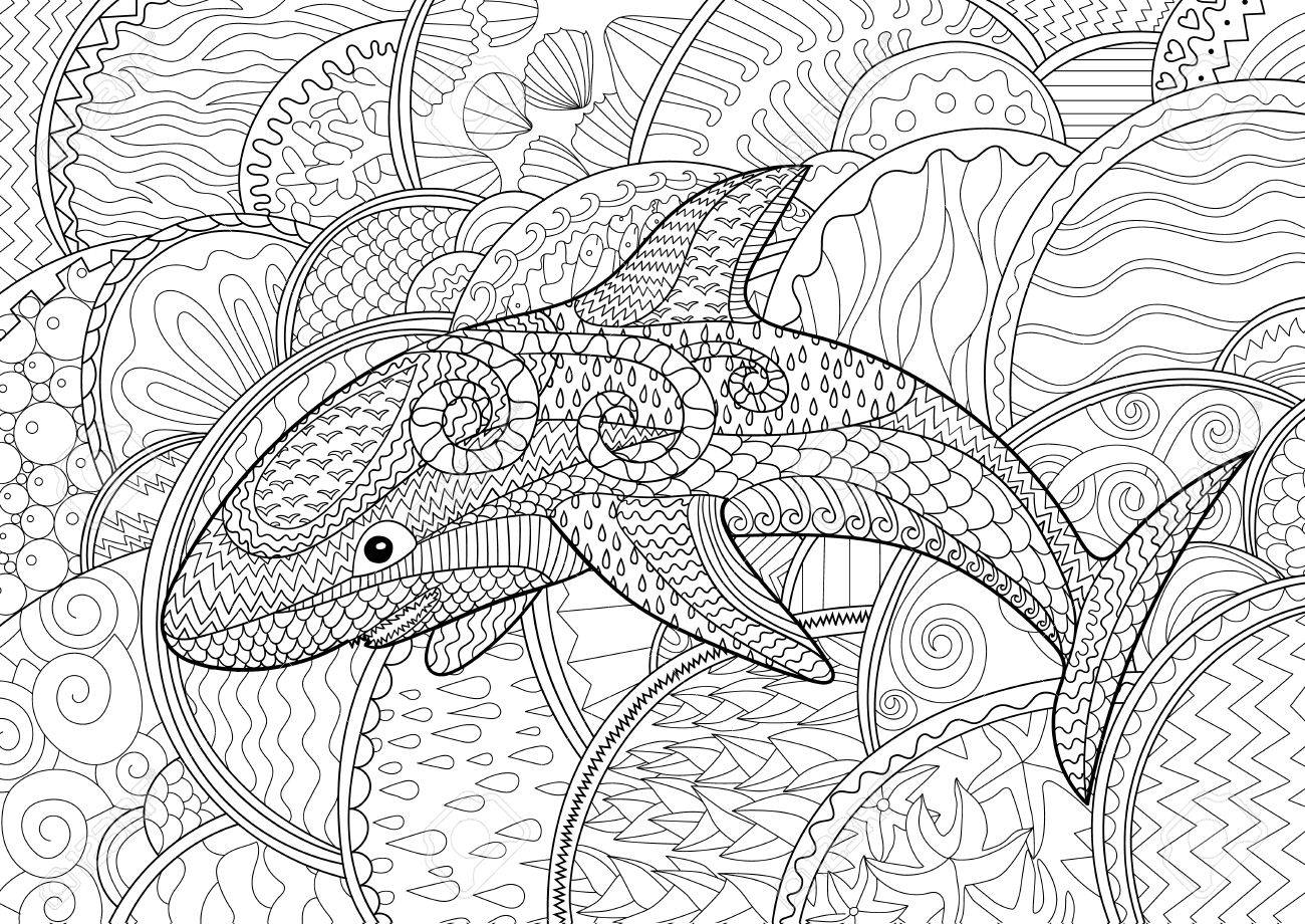 Happy shark with high details adult antistress coloring page abstract pattern with oceanic animal for relax coloring for grown ups in zentangle style vector royalty free svg cliparts vectors and stock illustration