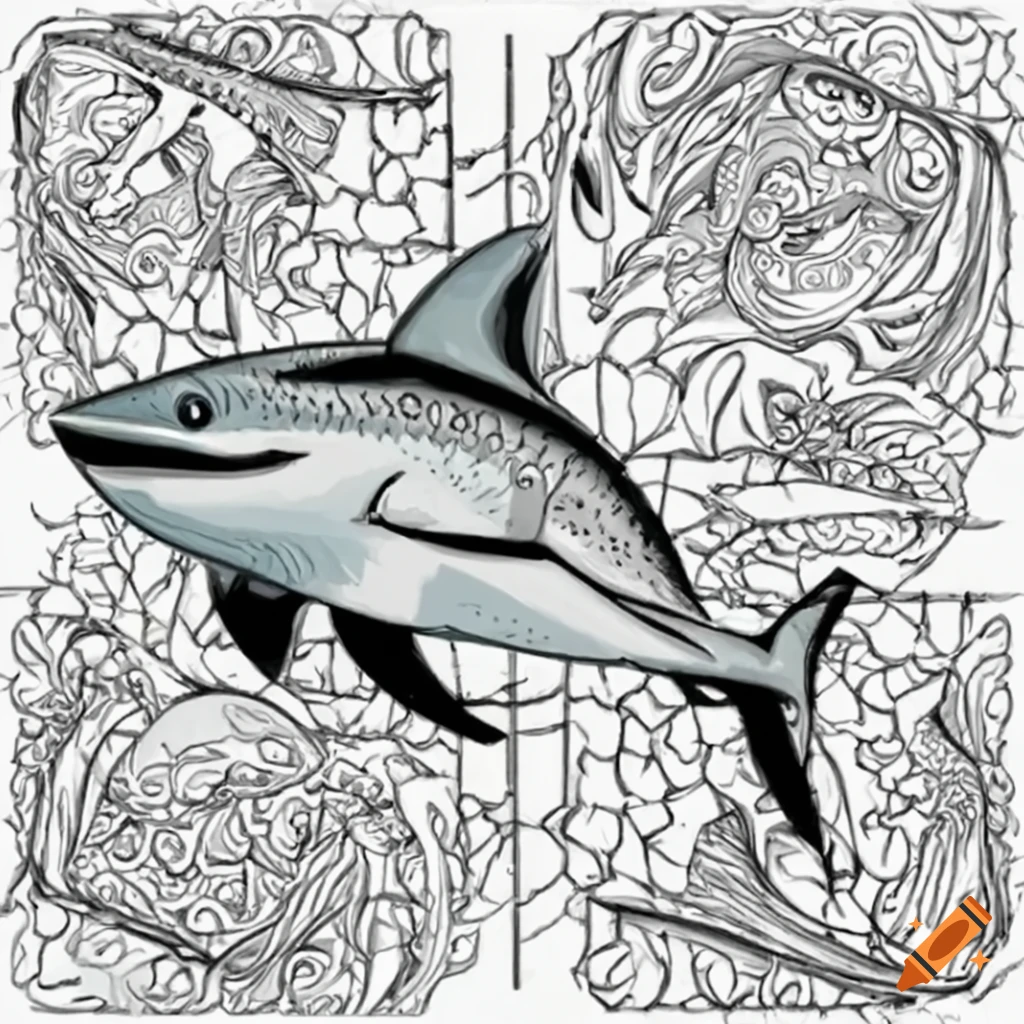 Coloring book illustration of a great white shark and fish on