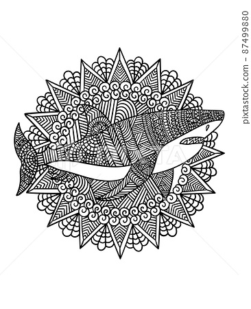 Great white shark mandala coloring page for adults