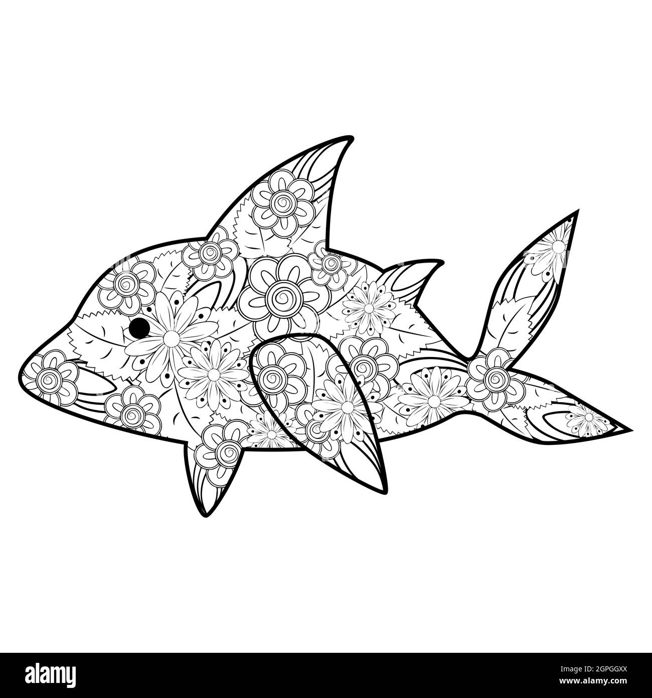 Hand drawn zentangle shark illustration decorative abstract doodle design element coloring book for adults stock vector image art
