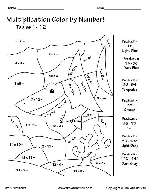 Multiplication color by number â the shark â tims printables multiplication worksheets multiplication color worksheets