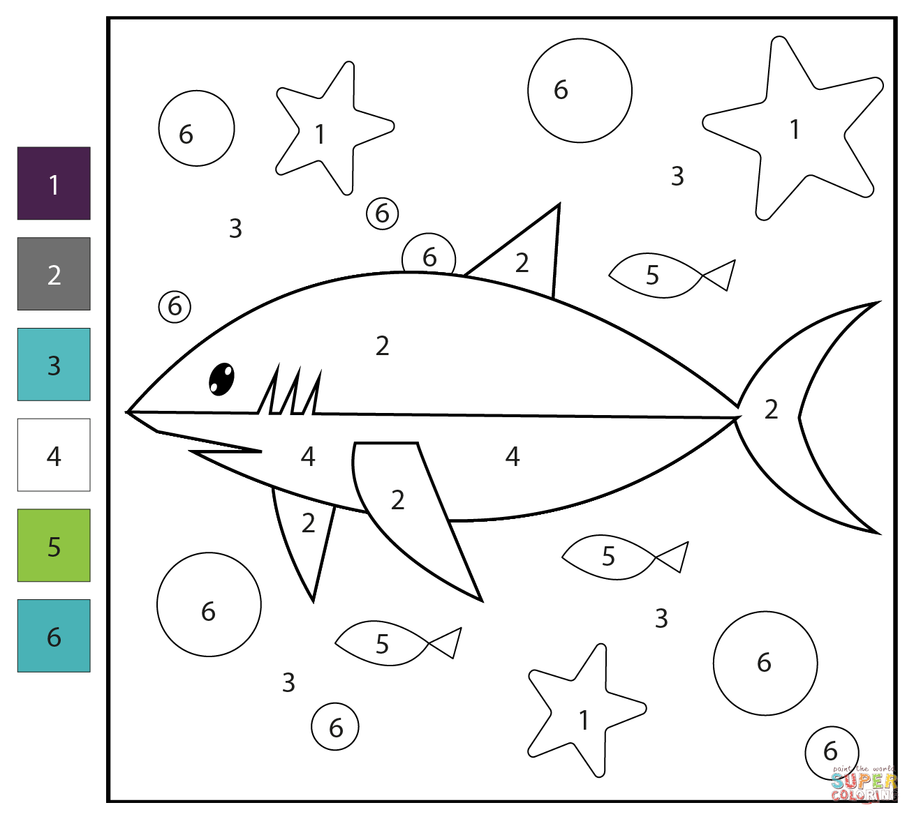 Shark color by number free printable coloring pages