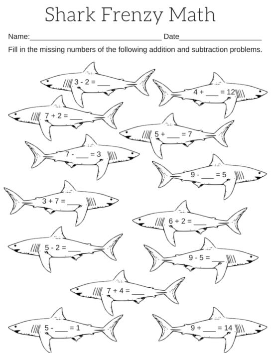 Printable shark frenzy math worksheet â miniature masterminds