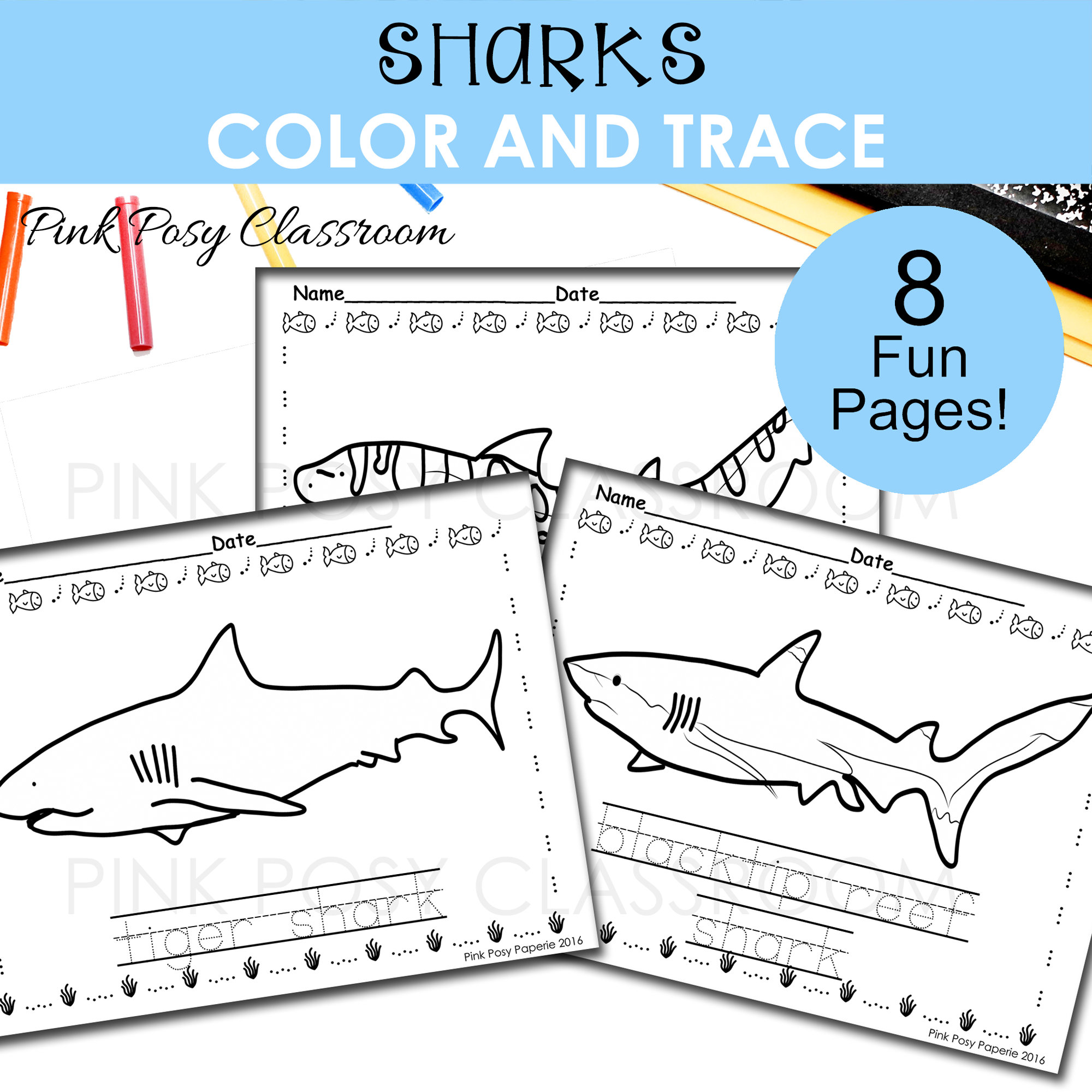 Shark coloring pages color and trace the letters printable shark activities for kids shark coloring pages for kids instant download