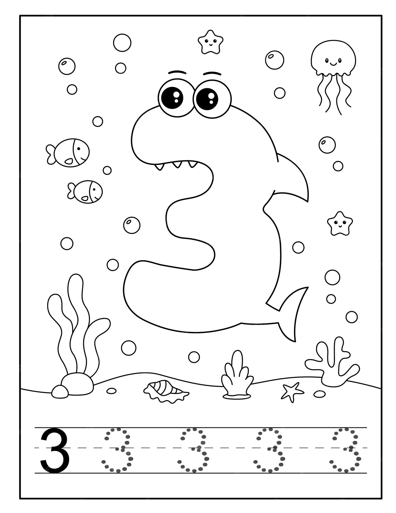 Premium vector baby shark number coloring page for children