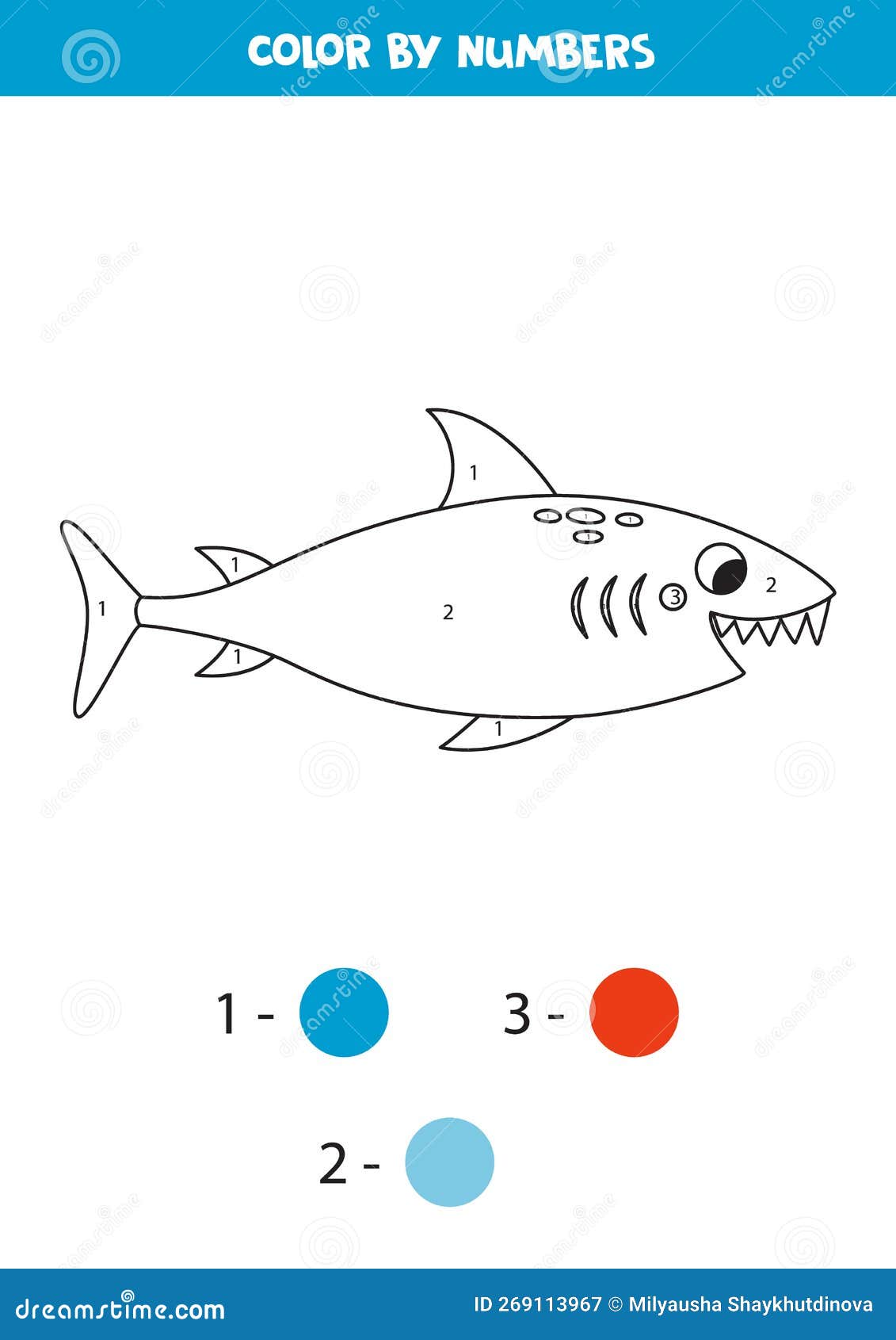 Color cute shark by numbers worksheet for kids stock vector