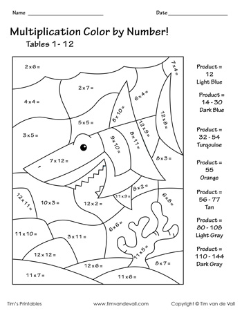 Multiplication color by number â the shark â tims printables