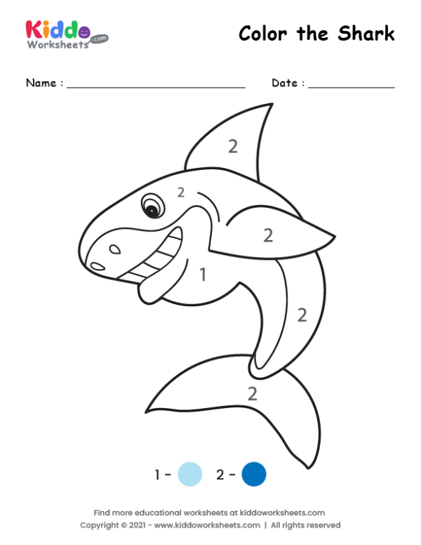 Free printable shark color by number worksheet