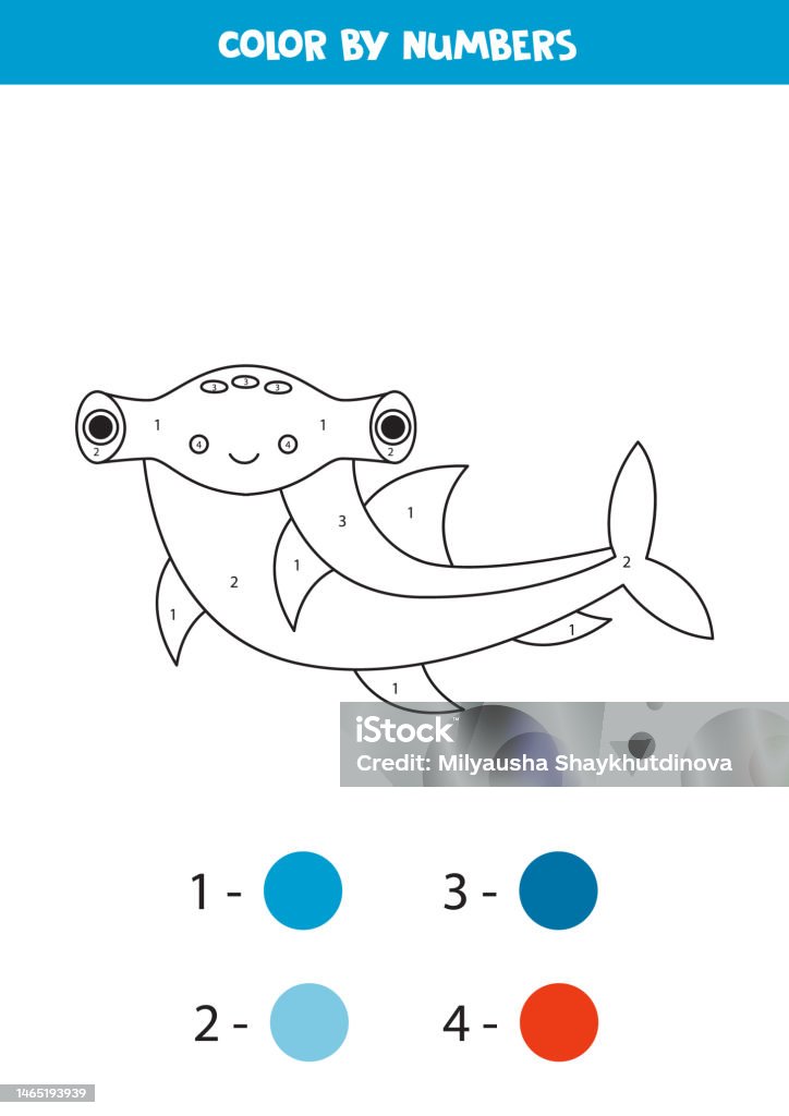 Color hammerhead shark by numbers worksheet for kids stock illustration