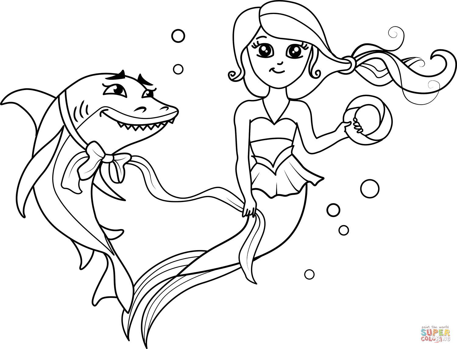 Mermaid and shark coloring page free printable coloring pages