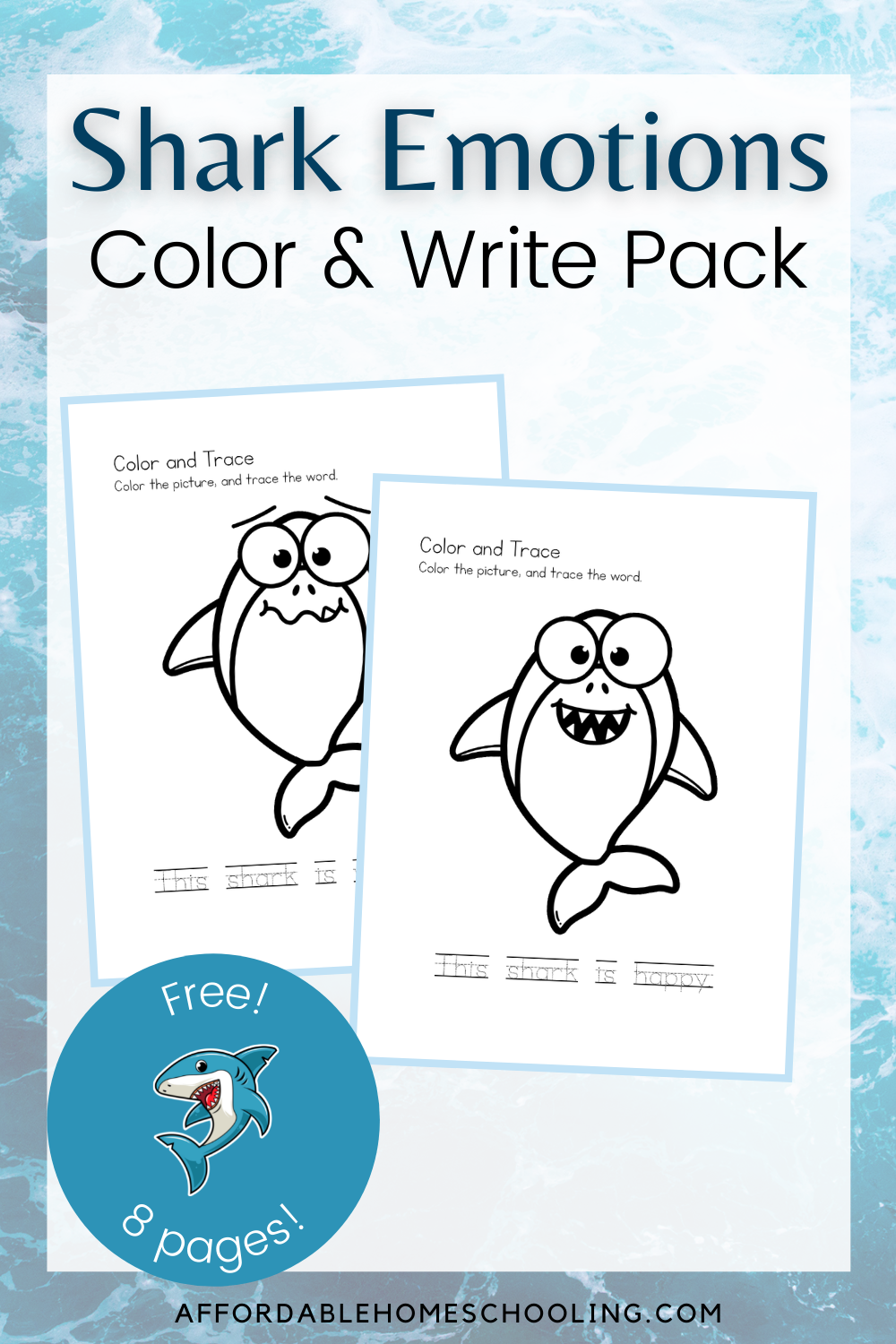 Free printable shark emotions color and write pages