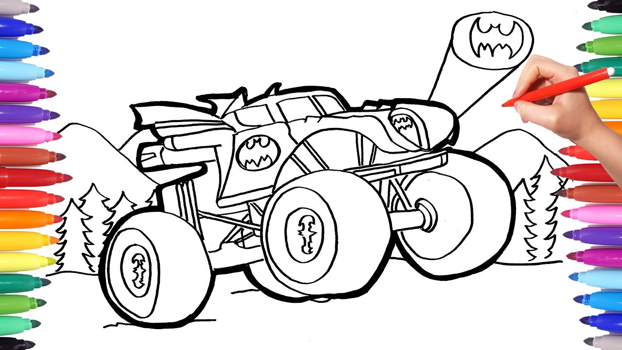 Batman monster truck coloring pages watch how to draw batman monster truck batman