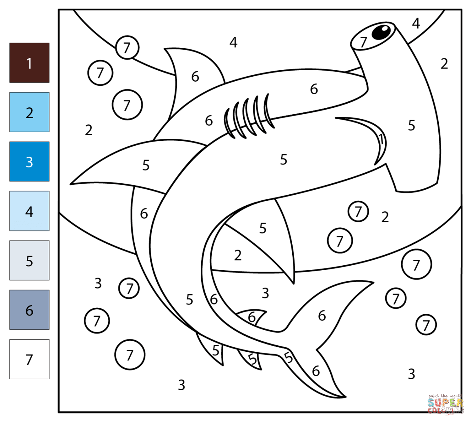 Hammerhead shark color by number free printable coloring pages