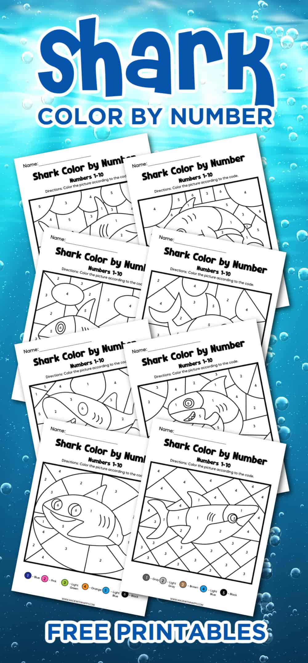 Free shark color by number printables