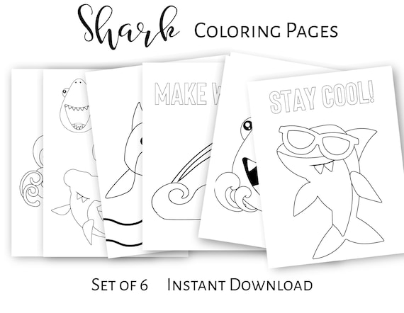 Shark coloring pages summer printable instant download pdf coloring book set kids activity