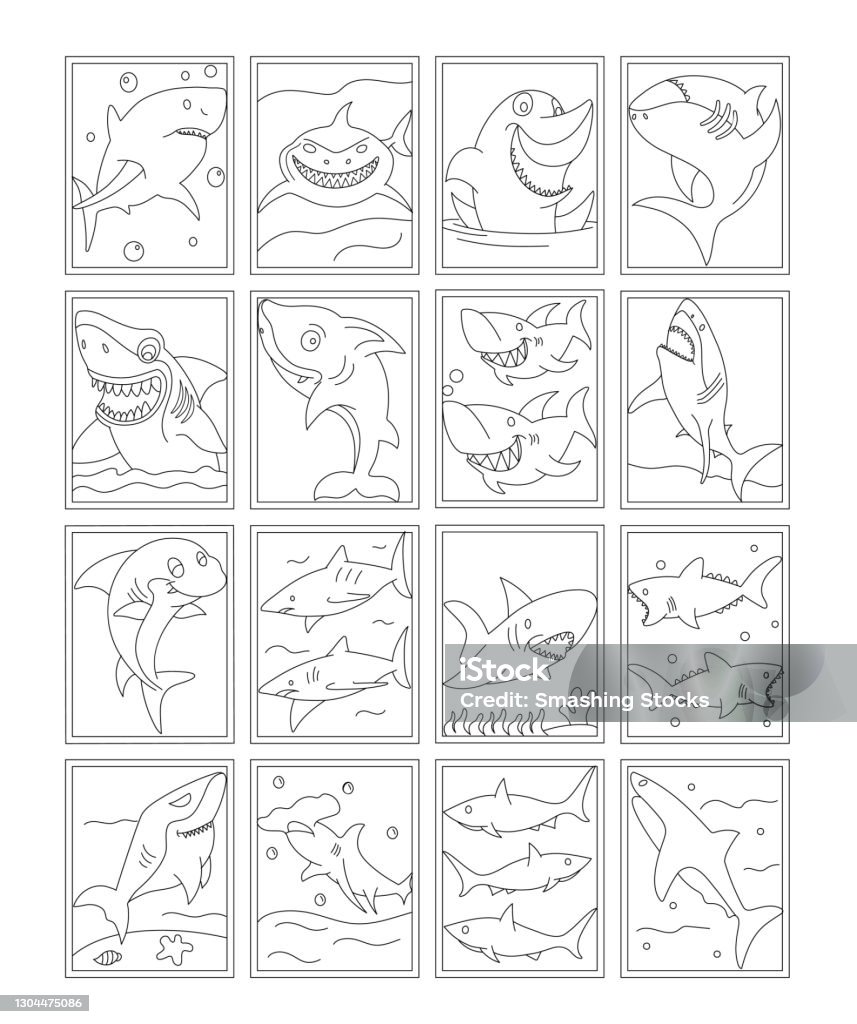 Pack of sharks coloring pages templates stock illustration