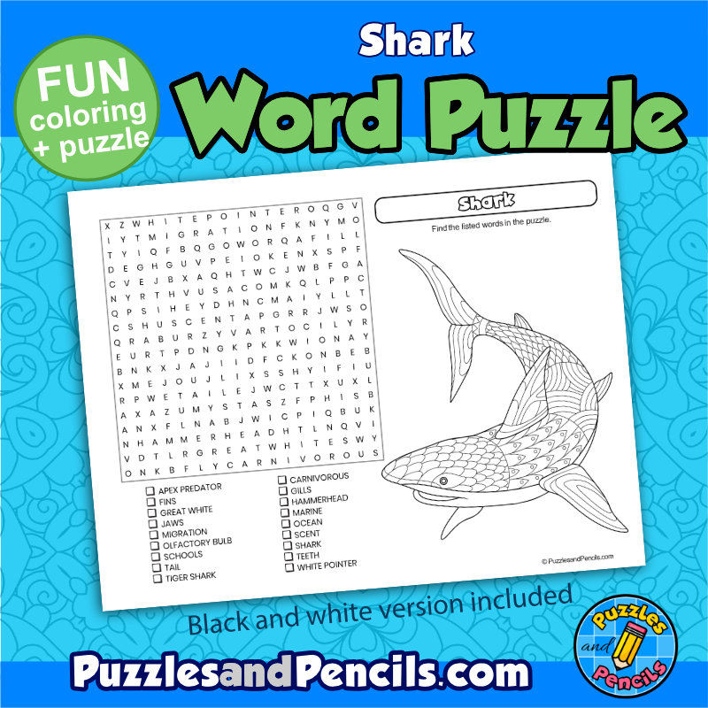 Shark word search puzzle activity page and coloring wordsearch made by teachers