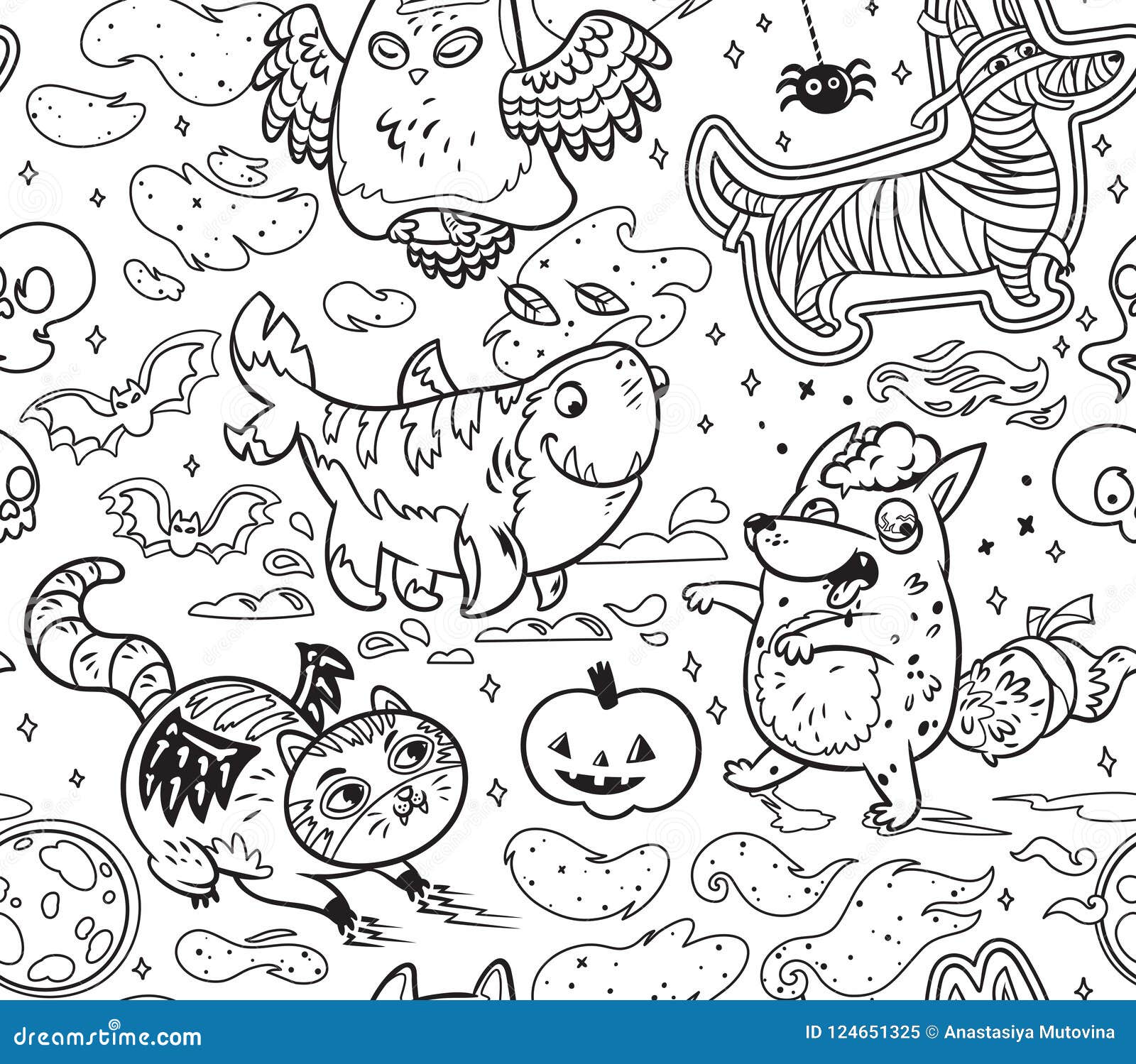 Halloween surface pattern with cute cartoon animals in outline black and white vector illustration stock vector