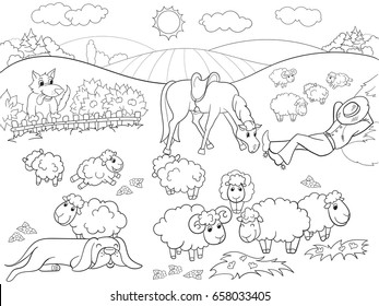 Pasture sheep shepherd dog coloring children stock illustration