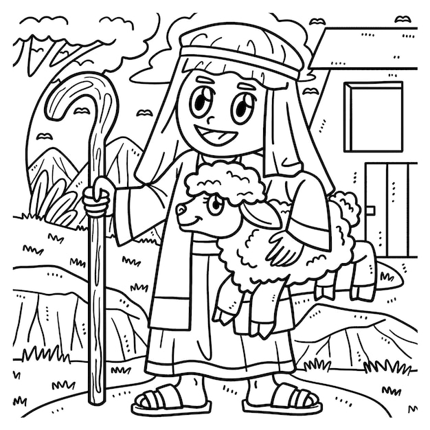 Premium vector christian shepherd sheep coloring page for kids