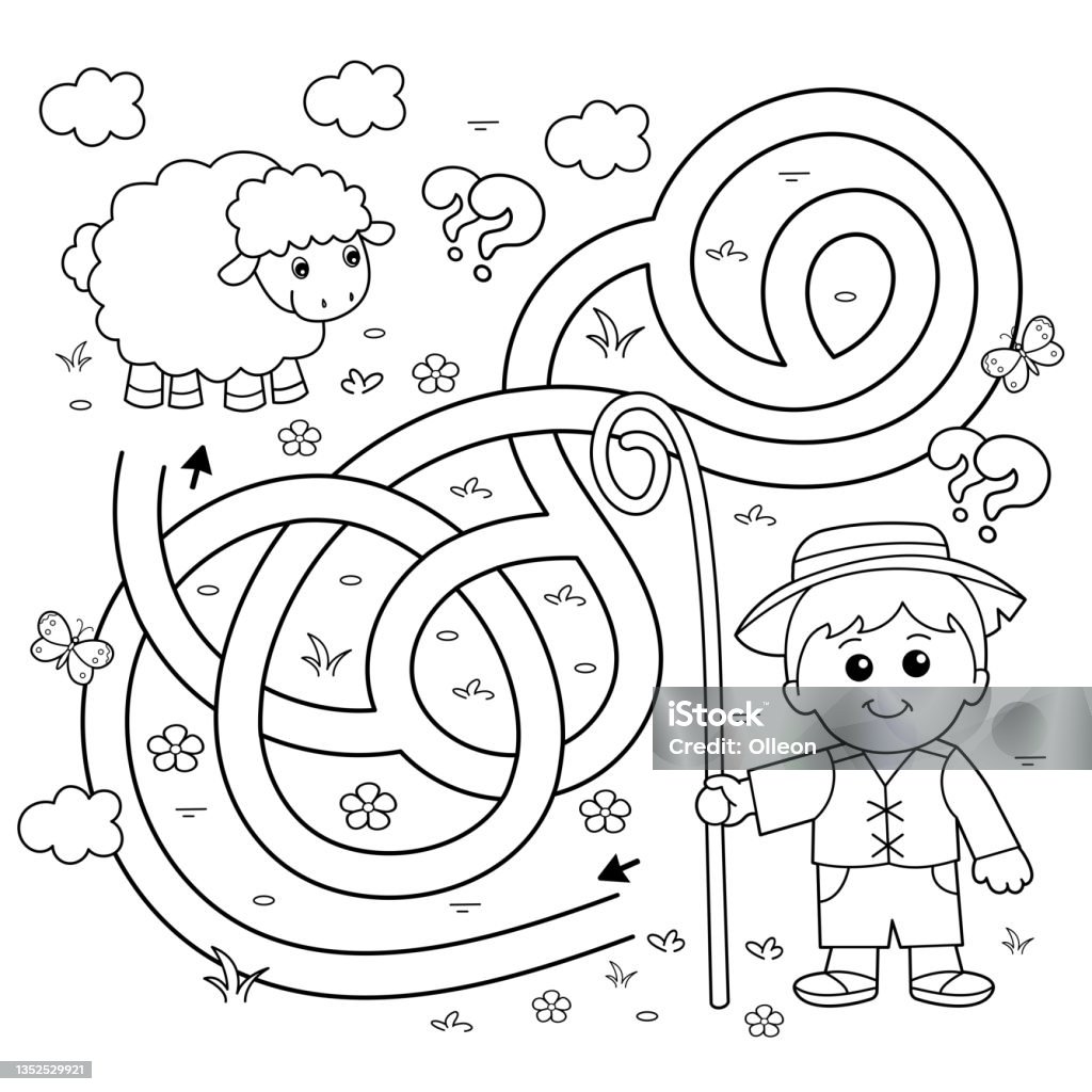 Maze or labyrinth game puzzle tangled road coloring page outline of cartoon shepherd with sheep farm animals coloring book for kids stock illustration