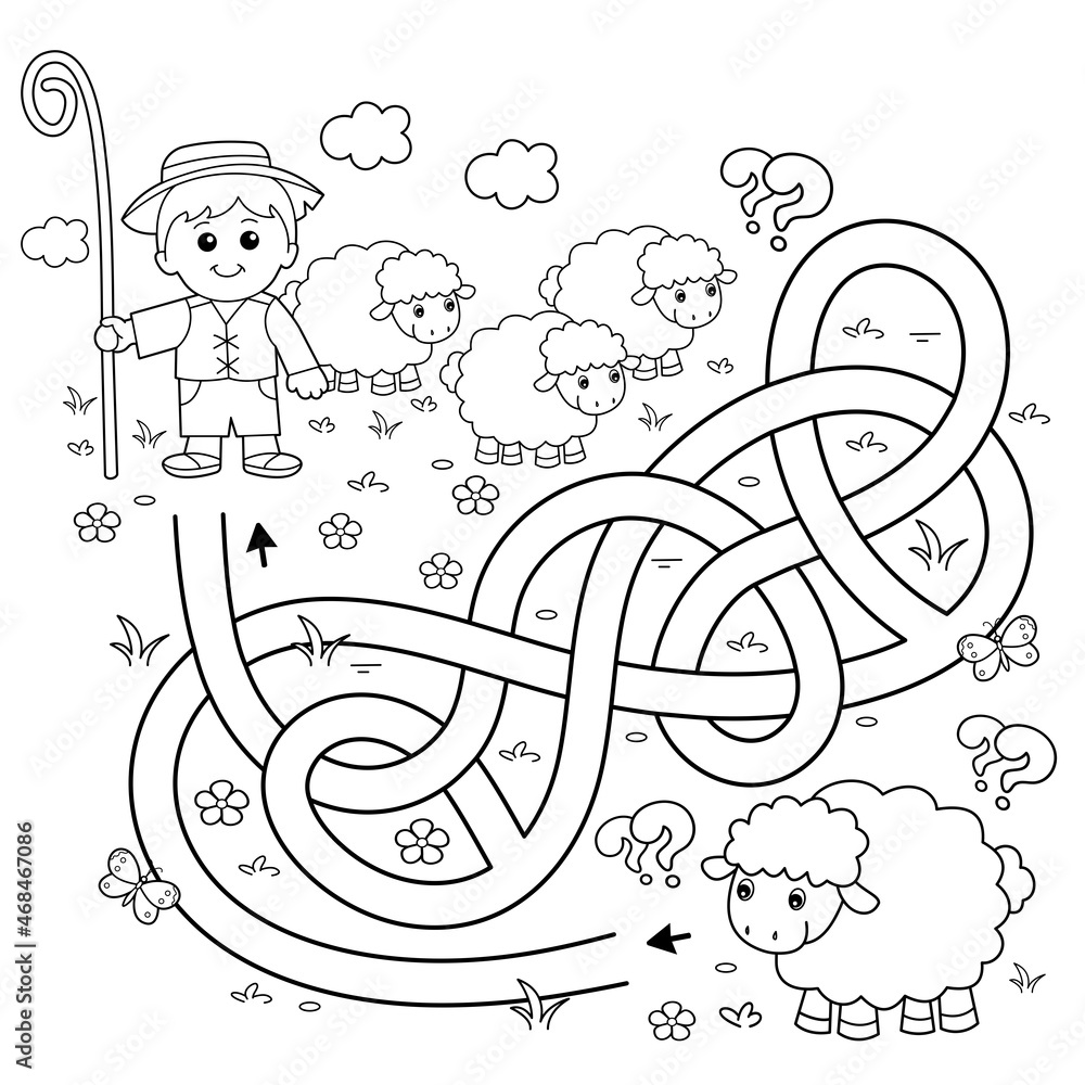 Maze or labyrinth game puzzle tangled road coloring page outline of cartoon shepherd with flock of sheep farm animals coloring book for kids vector