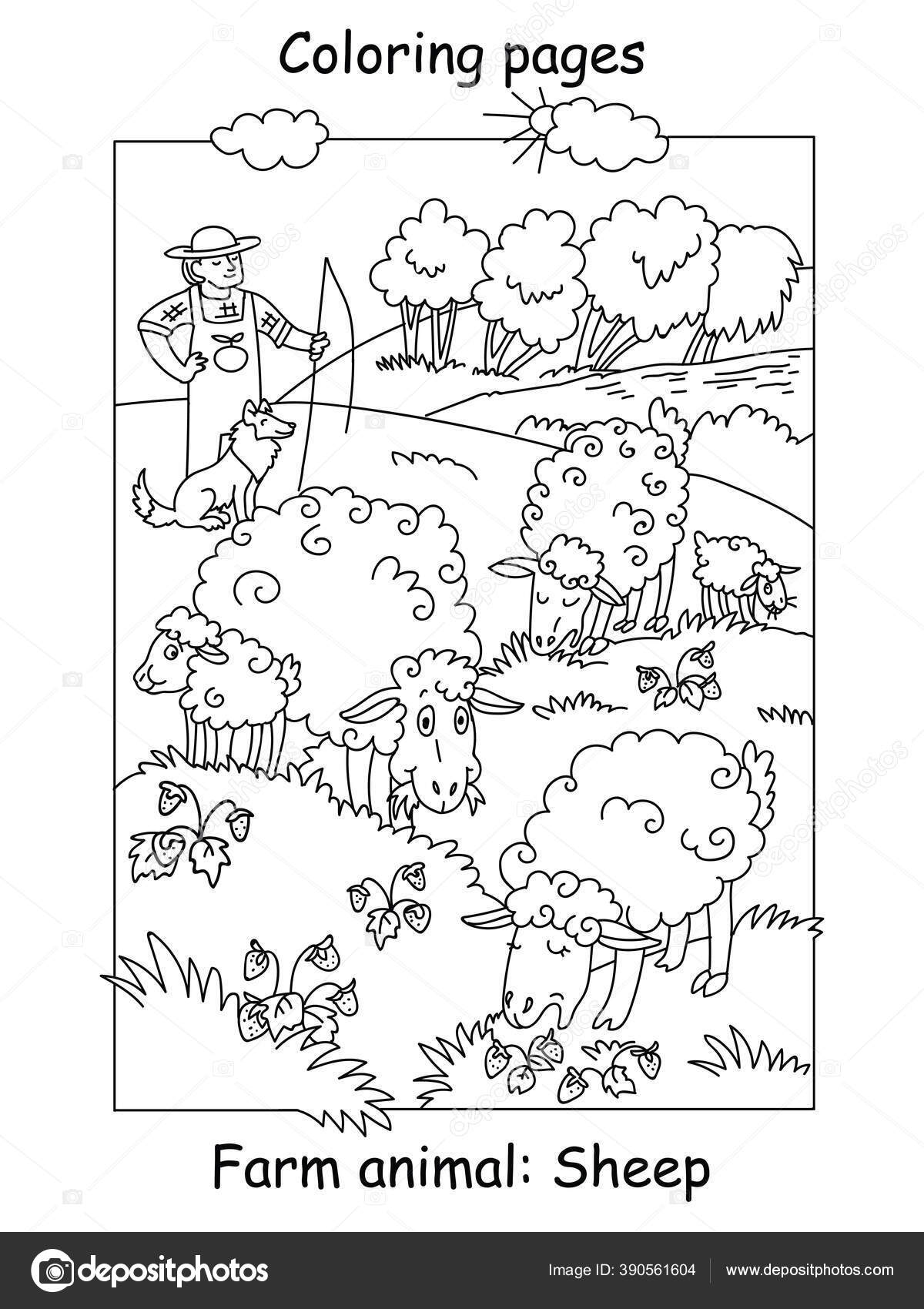 Vector coloring pages cute sheeps gracing meadow shepherd his dog stock vector by alinart