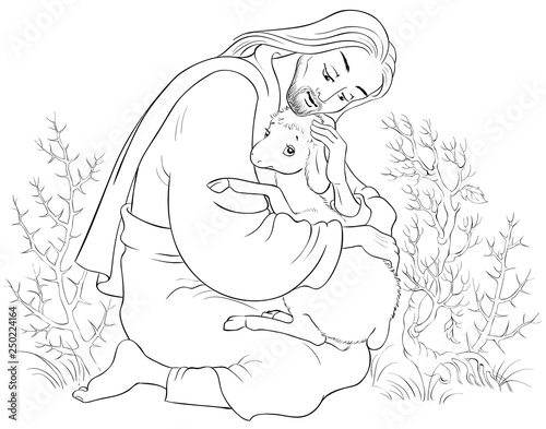 History of jesus christ the parable of the lost sheep the good shepherd rescuing a lamb caught in thorns coloring page vector